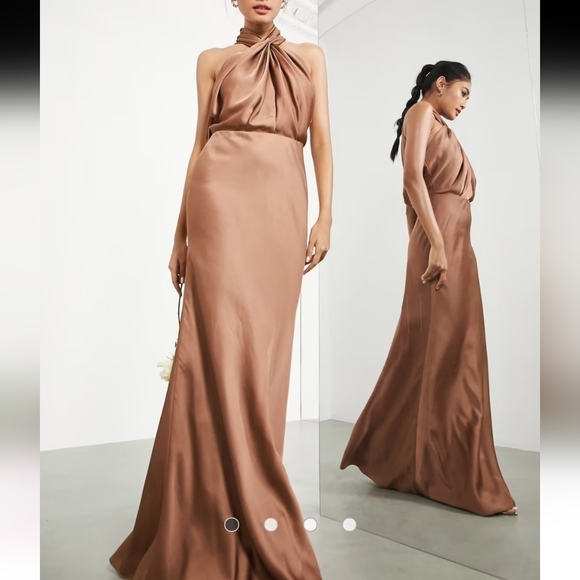 Asos‎ Design Bridesmaid Satin Ruched Halterneck Maxi Dress in Mocha - Picture 1 of 15